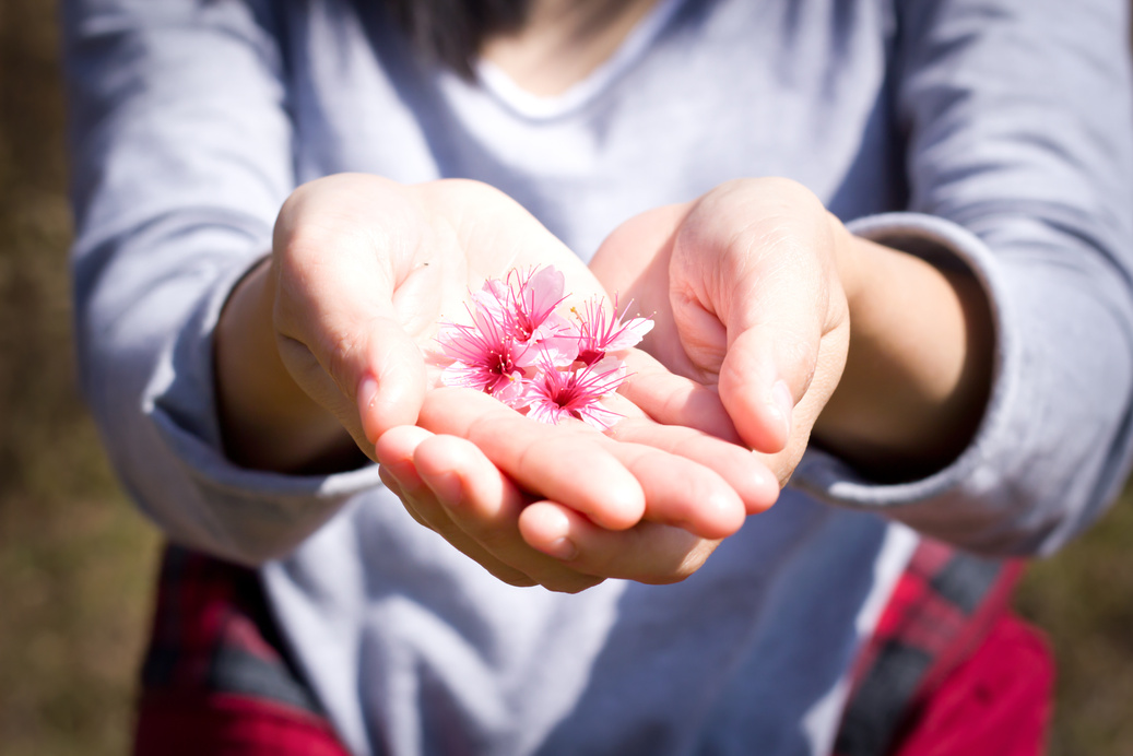 Girls share flowers on their hand.